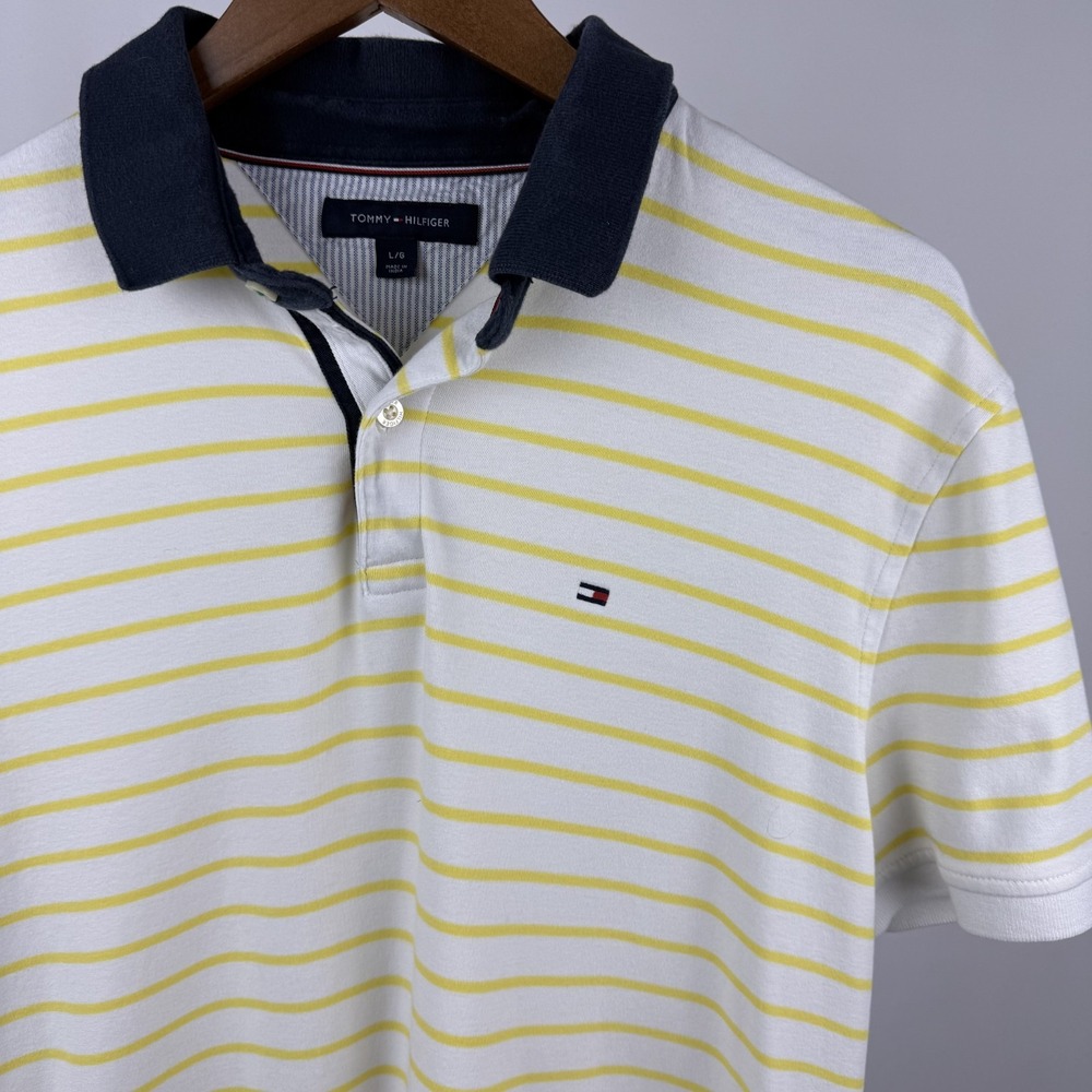 Tommy Hilfiger Men's Large Polo‎ Shirt White Yellow Stripes Blue Collar